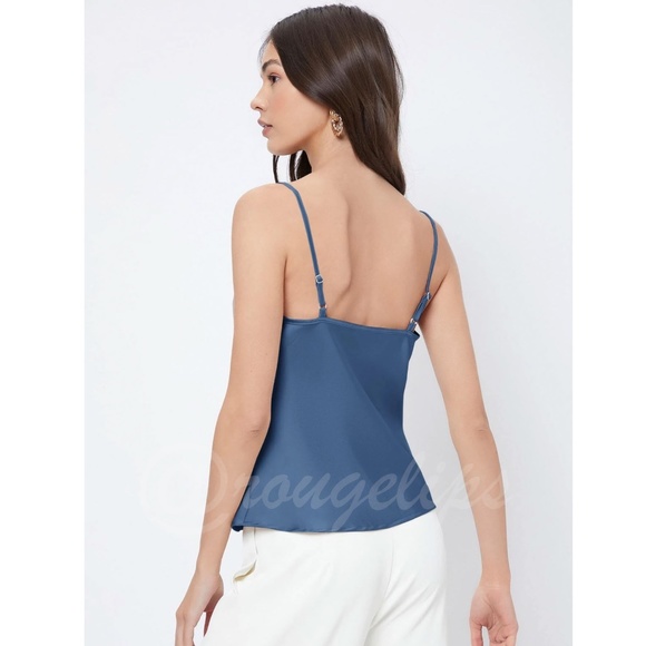 Blue Satin Glamorous Cowl Neck Spaghetti Straps Camisole Top Cami, Draped - Picture 3 of 9